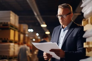 middle-aged man stands in a warehouse warehouse with papers checks the statements for the presence of goods
