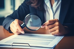 woman reading a contract paper with magnifying glass