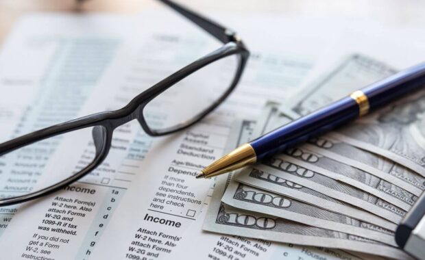 1040 tax form 2023 with pen, glasses, dollars on desk