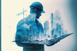 construction engineer holding plan in double exposure above blue city and construction site