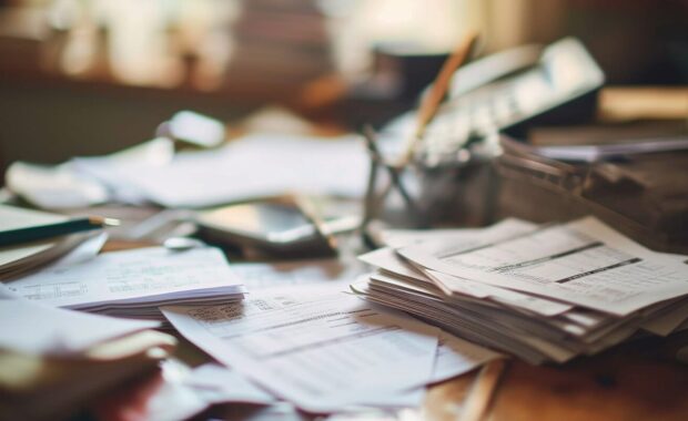 accountant's desk cluttered with financial statements