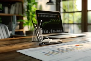 blank mockup of a corporate annual report lies on a CEO's desk, awaiting the financial professionalism of a company's performance