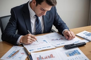 man in a sharp suit scrutinizes the balance sheet charts reflecting a company's financial outcomes