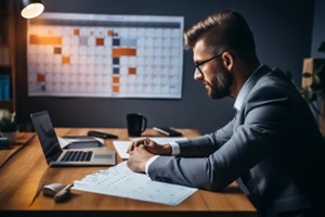 photo of a worker using a calendar and planner to manage their schedule effectively, emphasizing organizational skills