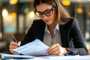 diligent female auditor reviewing expense reports in modern corporate office setting