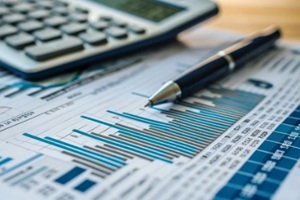 view of a financial bar graph, calculator, and pen, symbolizing business analysis