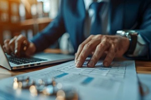 Business Professional Reviewing a Detailed Schedule on Laptop Symbolizing Effective Time Management Planning and High Performance