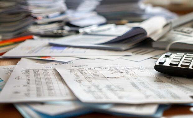 Calculator on financial statement and balance sheeet on desk of auditor