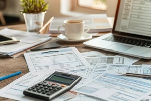 detailed view of a desk with tax forms, a calculator, and a laptop displaying tax preparation software