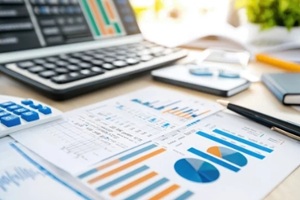 financial charts and graphs on desk with calculator and pen