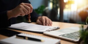 man stamping approval on financial, banking, or investment documents at his desk official paperwork