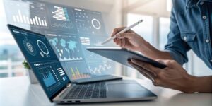 an analyst uses a computer and dashboard for data business analysis and data management system
