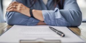 dissatisfied employee holds arms crossed over contract termination and a pen on the table in front of her