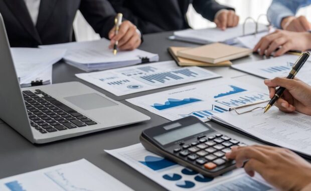 auditor and accountant team working in office, analyze financial data and accounting record with calculator