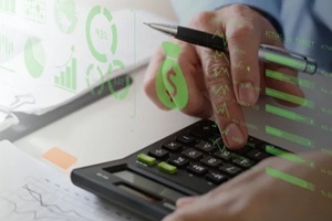 business accounting concept, Business man using calculator with computer laptop, budget and loan paper in office