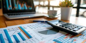 a calculator sits on a table next to a laptop