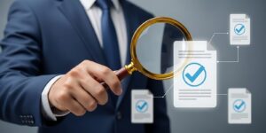 auditor carefully inspecting digital documents for compliance with magnifying glass