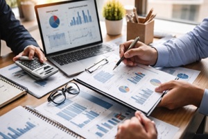 people reviewing company annual reports and charts