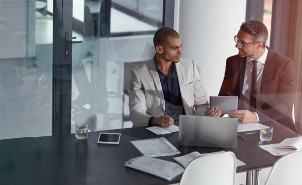 business team, tablet and planning collaboration online for finance strategy or partnership
